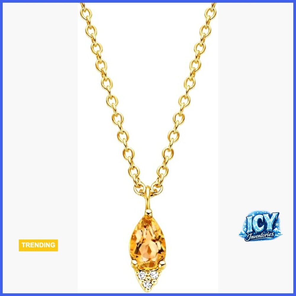 Citrine and Diamond Pendant Necklace, 925 Sterling Silver, 18-Carat Yellow Gold
